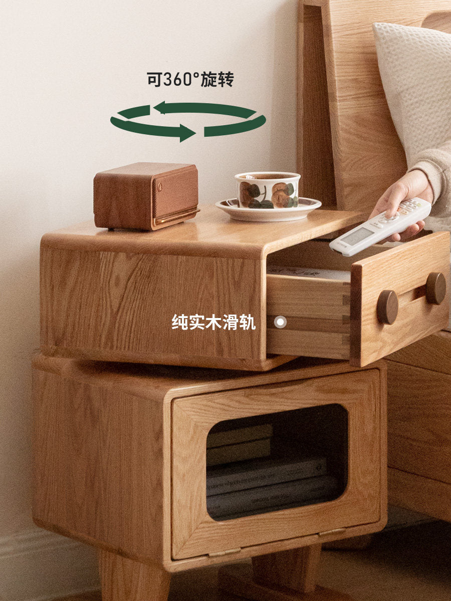 【预售20天】实木床头柜卧室橡木简约带灯置物柜靠墙原木机器人床边柜